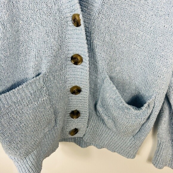 Ann Taylor Cardigan Women Size M Petite Blue Knit Slouchy Large Button V Neck - Picture 4 of 9